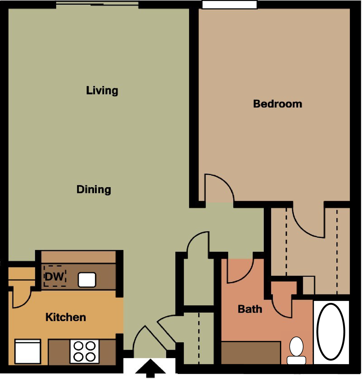Floor plan for 1 bed, 1 bath, 697 sqft